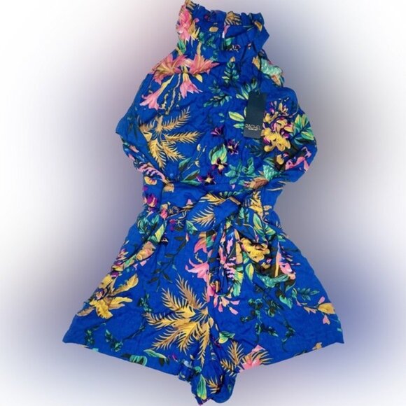Rachel Roy Blue Tropical Halter Romper S NWT Sleeveless Waist Tie Summer - Picture 7 of 8